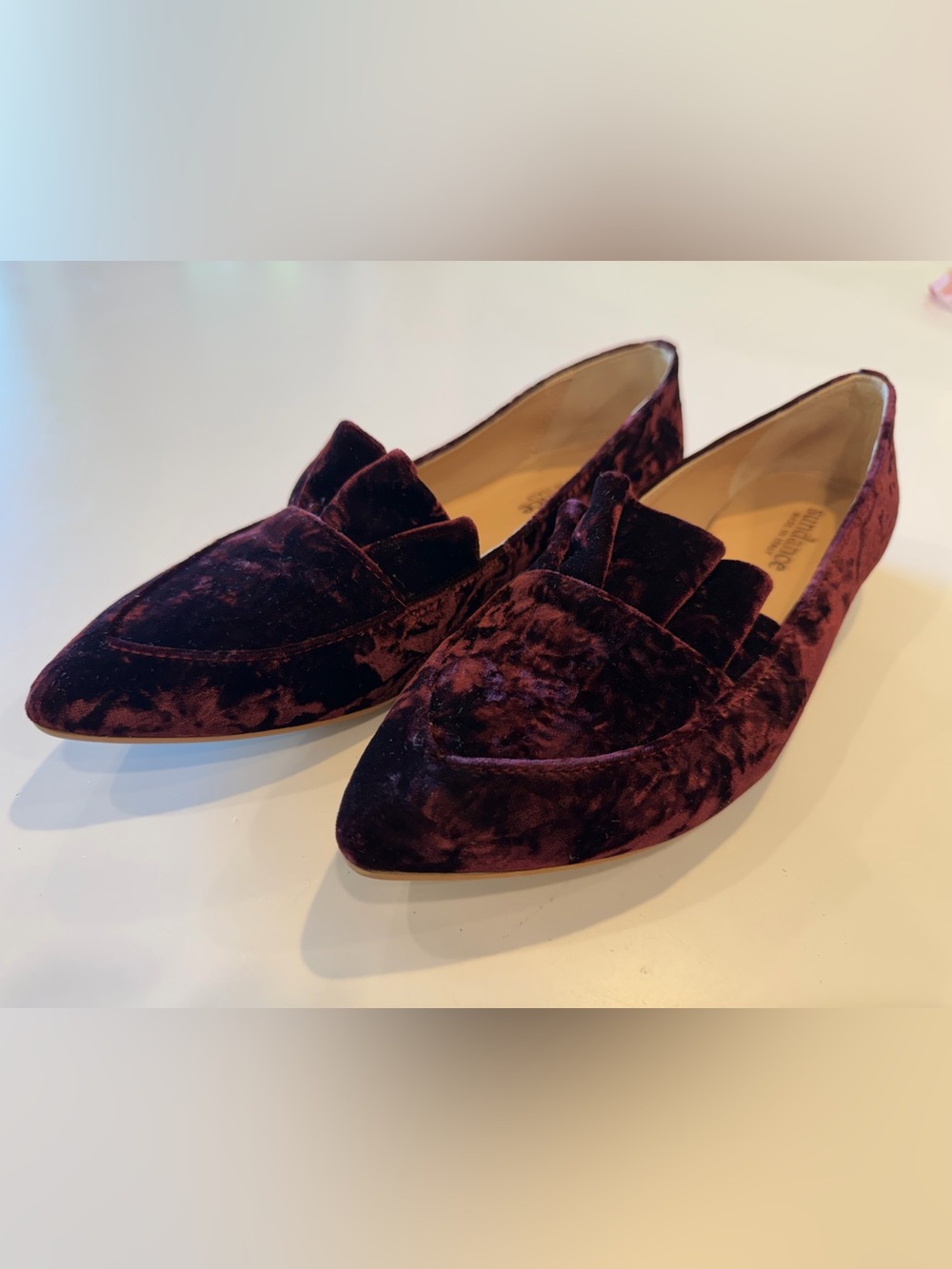 SUNDANCE BURGUNDY VELVET LOAFERS WITH RUFFLED VAMP